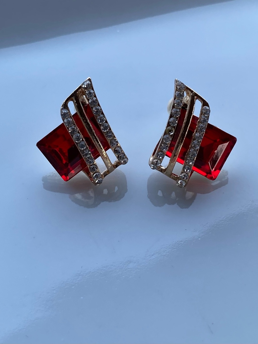 Gold-Tone Red Crystal Stud Earrings with Pavé Accents